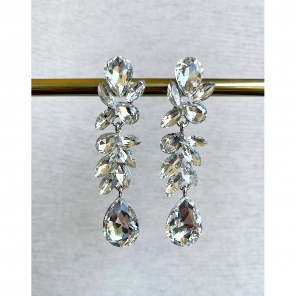 evening earrings - Impressive white crystal silver long earrings EARRINGS