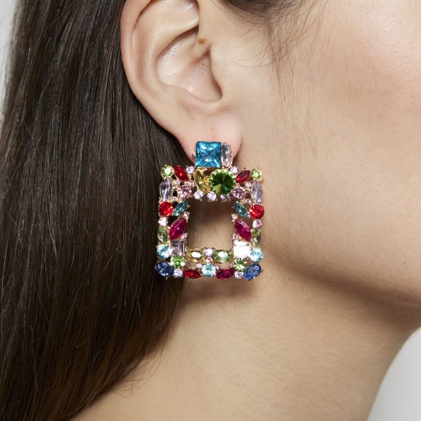 evening earrings - Impressive square multi-colored crystal earrings EARRINGS