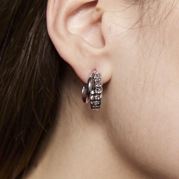 Short double chain rhodium hoops EARRINGS