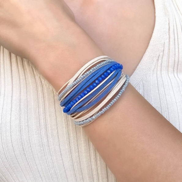 γυναικεια κοσμηματα - βραχιολια χειροποιητα - Βραχιόλι πολύσειρο δερμάτινο μπλε ΒΡΑΧΙΟΛΙΑ