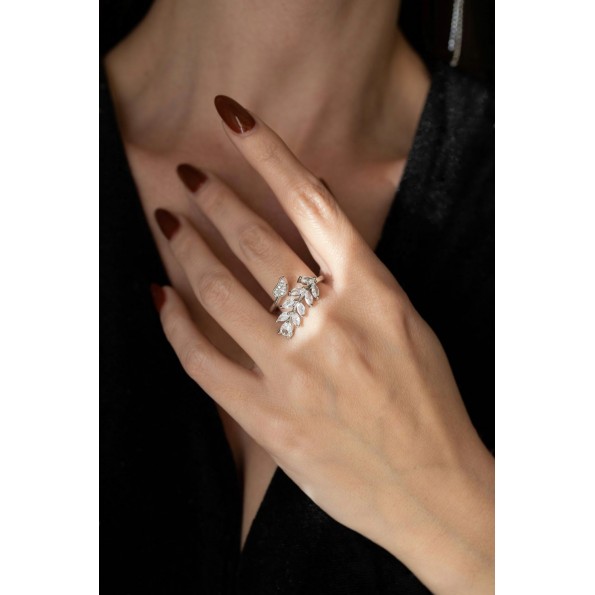 Silver leaf ring white zircon crystals RINGS