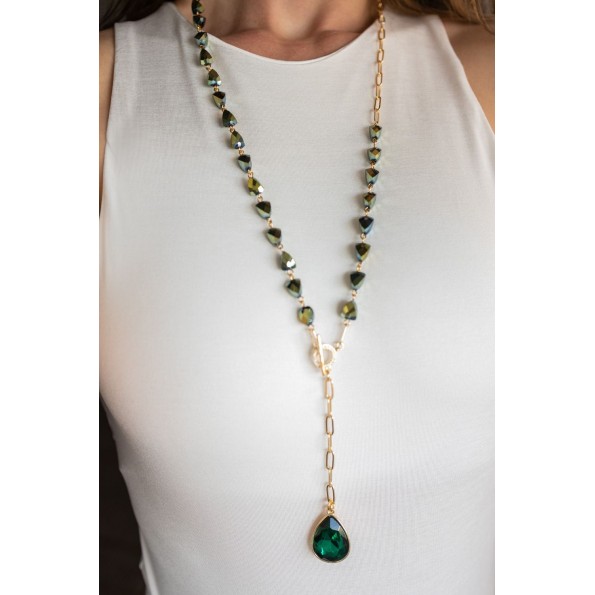 Long tie necklace rosary metallic green NECKLACES