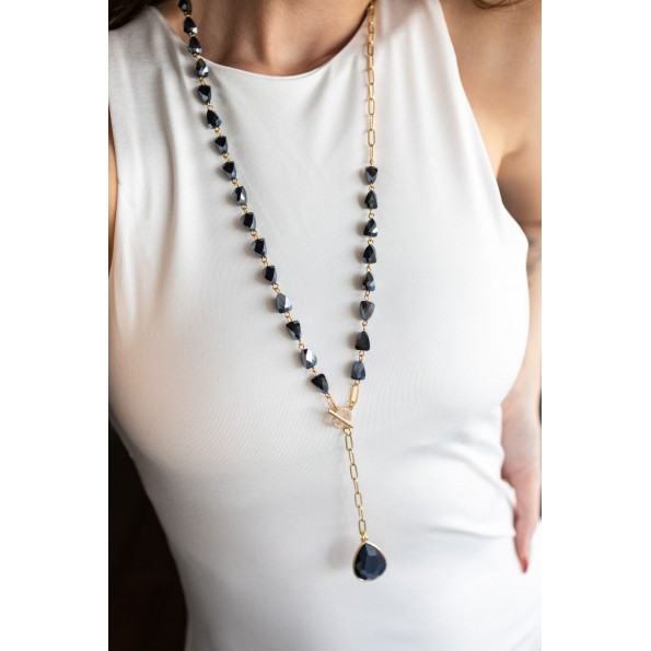 Long rosary tie necklace metallic black NECKLACES