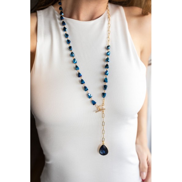 Long rosary tie necklace metallic blue NECKLACES