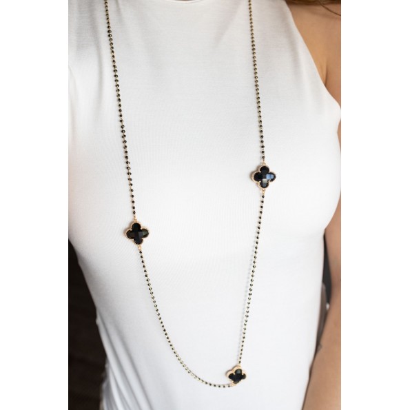 Long necklace rosary quatrefoils of zircon black NECKLACES