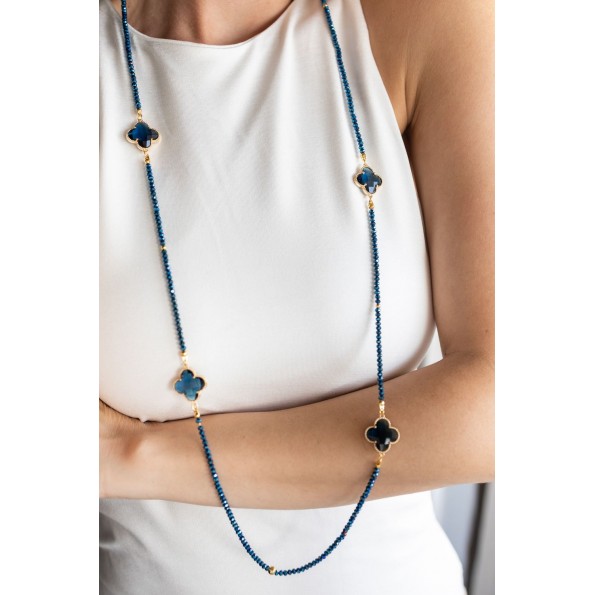 Long quatrefoil crystal necklace metallic blue NECKLACES