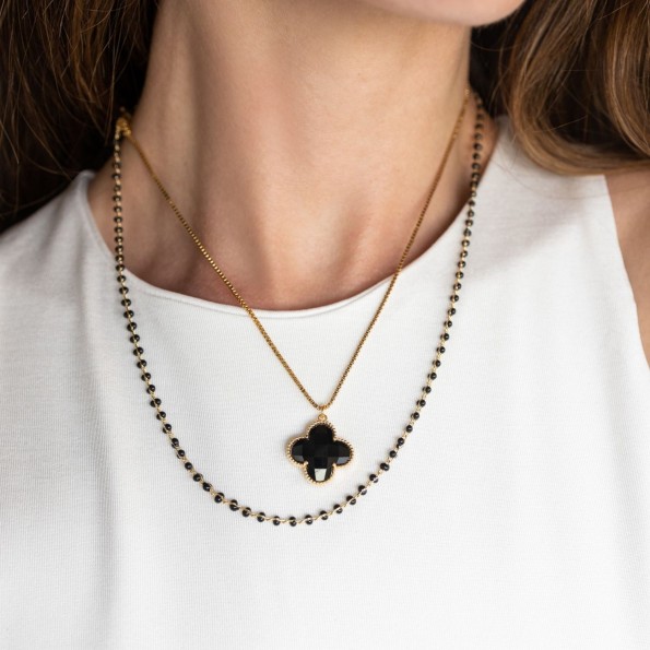 Short double quatrefoil zircon rosary necklace black NECKLACES