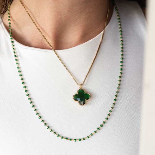 Short double necklace rosary quatrefoil zircon green NECKLACES