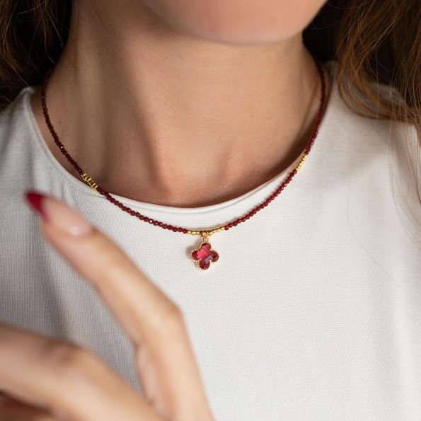 Short necklace burgundy semi-precious stones flower NECKLACES