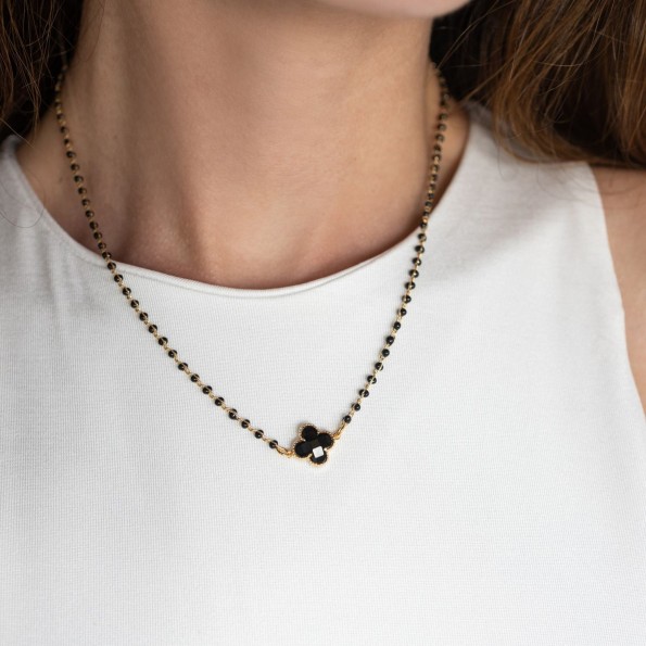 Short necklace rosary quatrefoil zircon black NECKLACES