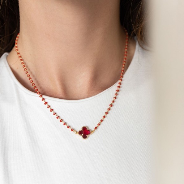 Short rosary quatrefoil zircon burgundy necklace NECKLACES