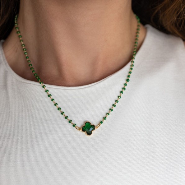 Short necklace rosary quatrefoil zircon green NECKLACES