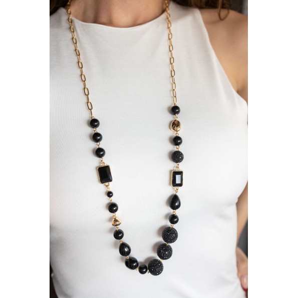 Long necklace semi-precious pearls crystals black NECKLACES